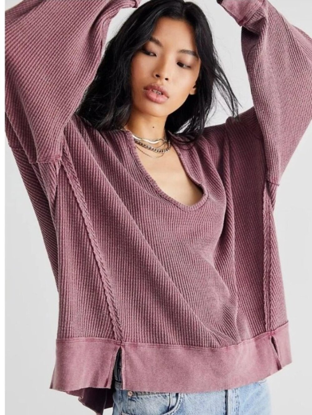 Free People We The Free Buttercup Mauve Waffle Thermal Distressed Oversized Top